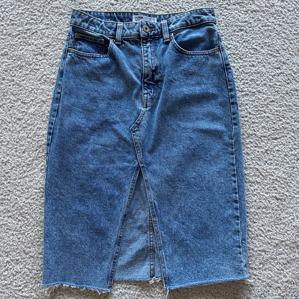 Bershka Medium Wash Denim Front Slit Midi Skirt